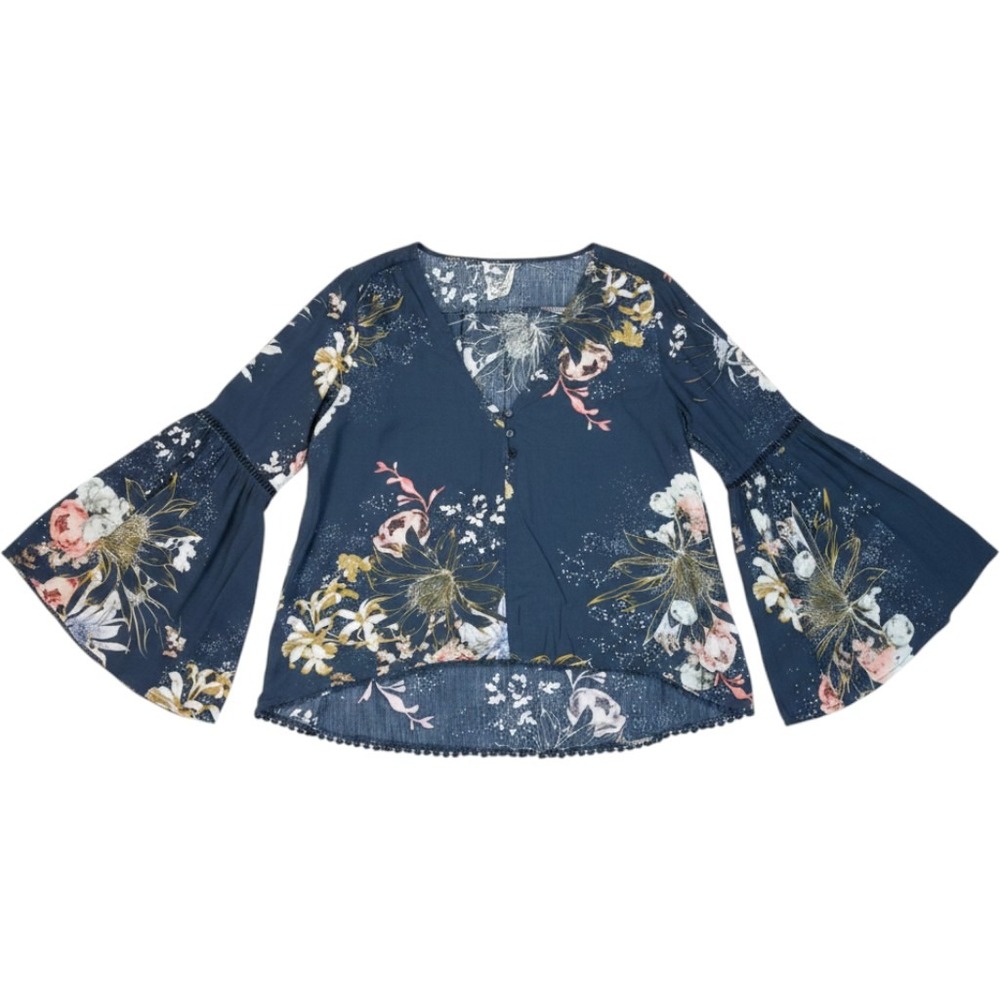 Jaase Floral High Low Top Womens Size S Blue Boho Bell Sleeve V-Neck Blouse